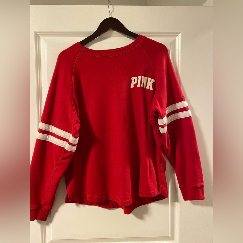 NOT FOR SALE! 
PINK Victoria's Secret Red Sweatshirt with White Accents